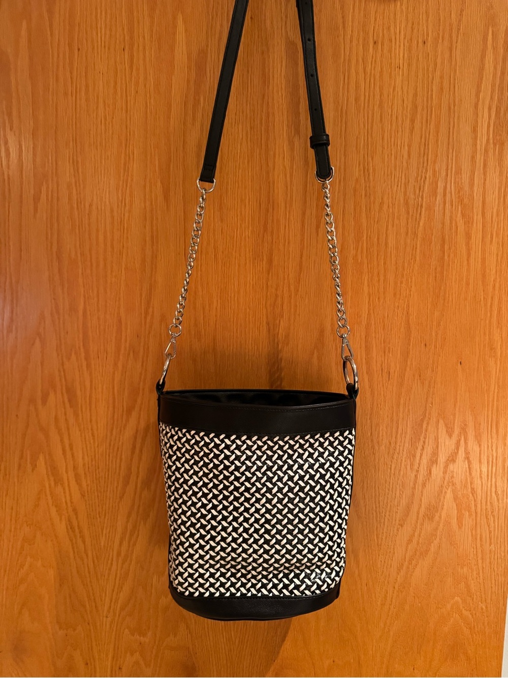 INC International Concepts Black and White Woven Bucket Bag with Chain Strap